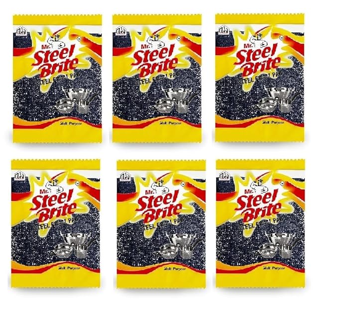 Mr. Steel Brite Stainless Steel & Foam Scrubber Pads for Dishwashing & Kitchen Use | Dual Surface Cleaning for Pots, Pans, and Utensils | Rust-Proof, Reusable & Effective Design Pack 6
