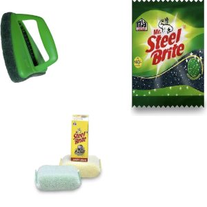 Mr. Steel Brite Bathroom Scrubber Brush with 2 Green Scrub Pads & 1 Scrubber Foam Pad | Multipurpose Cleaning Brush for Floor, Tile, Kitchen, Bathroom & Wall | Durable, Reusable Scrubbing Tool