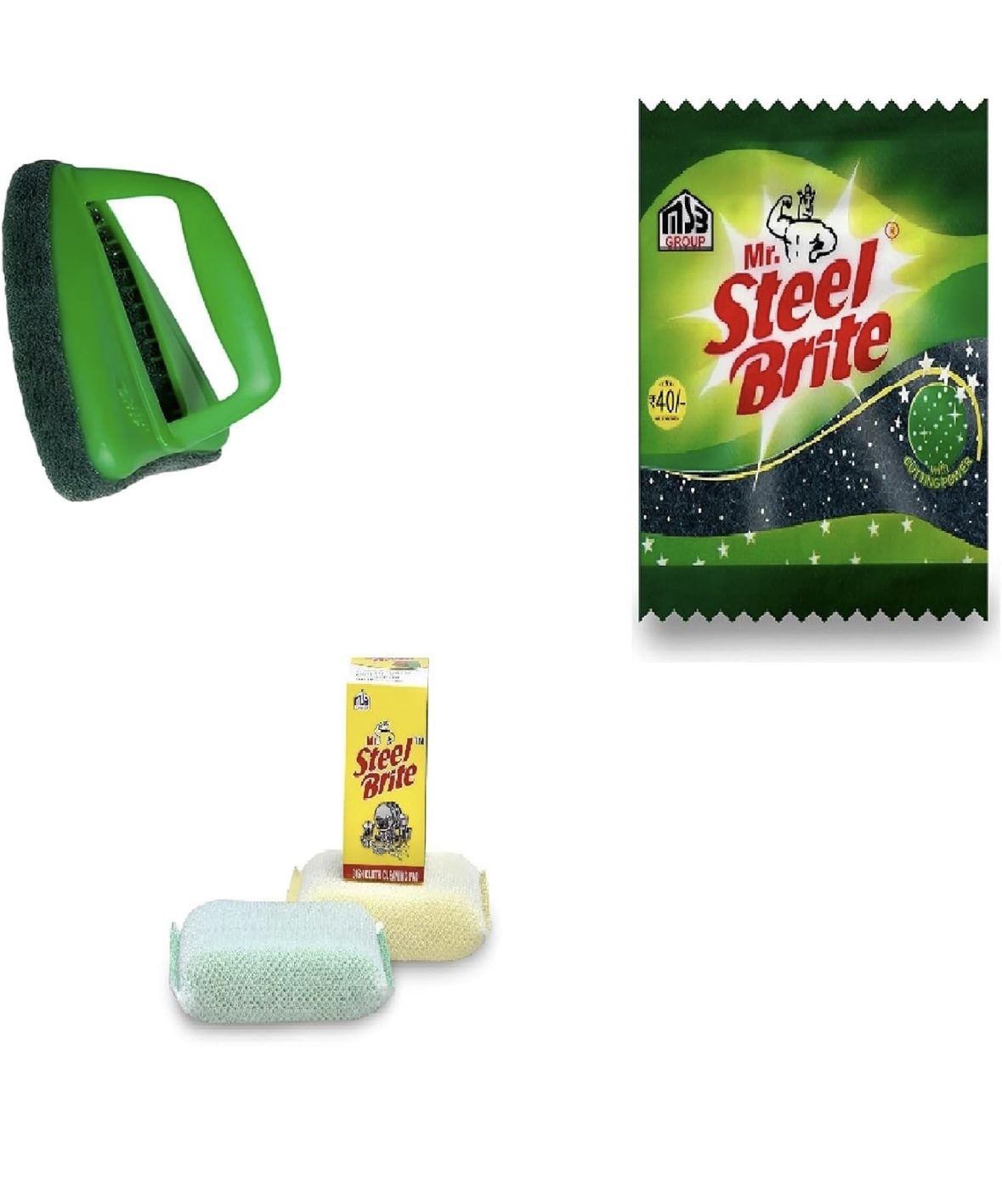 Mr. Steel Brite Bathroom Scrubber Brush with 2 Green Scrub Pads & 1 Scrubber Foam Pad | Multipurpose Cleaning Brush for Floor, Tile, Kitchen, Bathroom & Wall | Durable, Reusable Scrubbing Tool