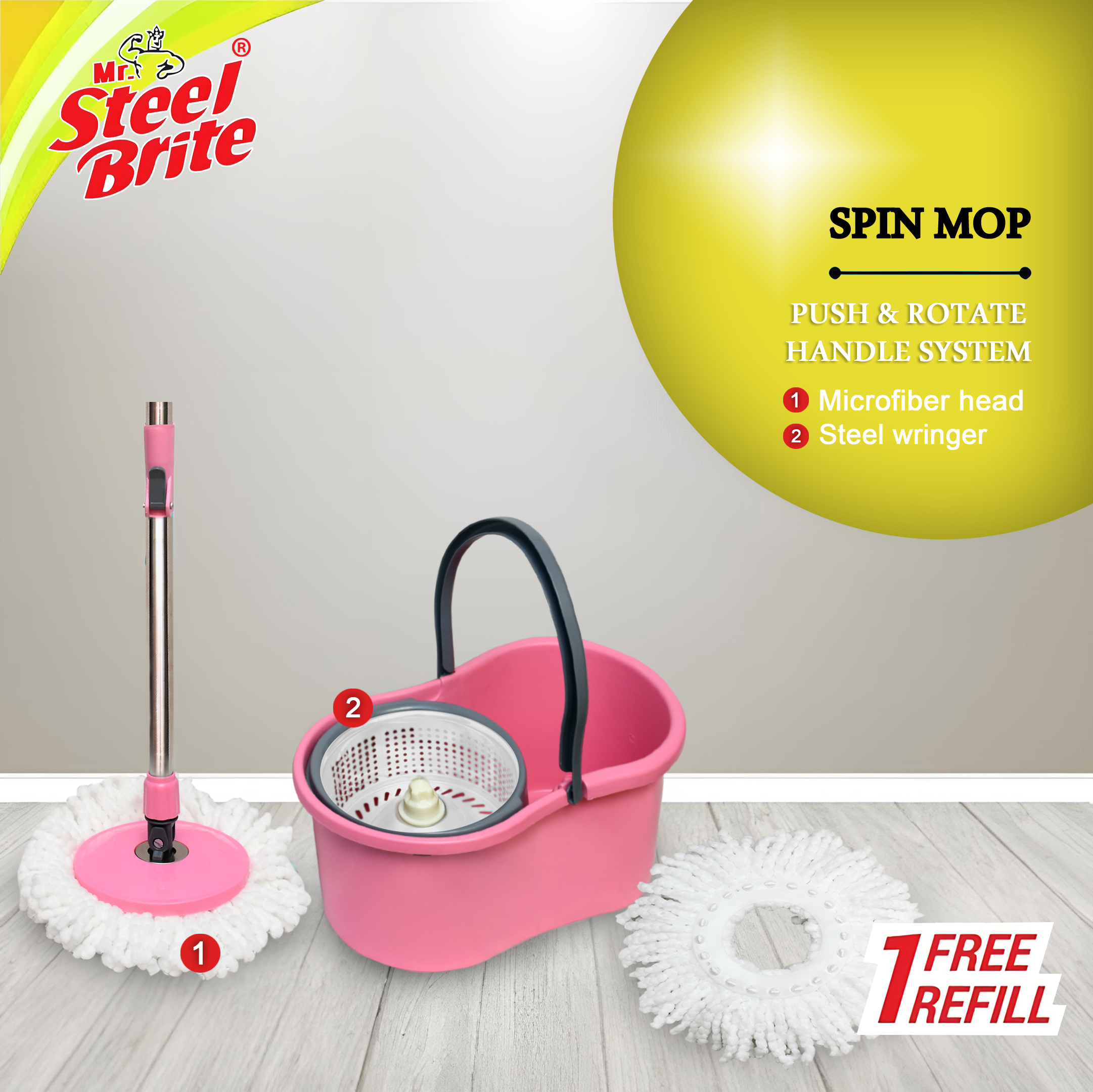 Mr. Steel Brite Bucket Spin Mop Plastic with Steel Handle & 360° Rotating Head | Home Cleaning System with Easy Wringer & Refill | Lightweight, Durable Mop for Wet & Dry Use